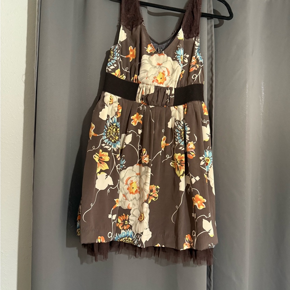 Free People Size 6 Grey Floral Damask Stretch Tulle Hem Lace Strap Dress